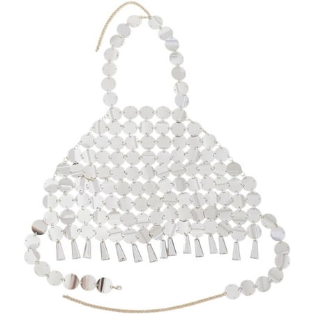 1Pc Silver Sequin Bikini Top Summer Beach Tassel Plastic Outfit Glitter Halter Backless Crop Top Sexy Bra Body Chain Hollow Out Tank Tops Jewelry Chest Chains for Women Nightclub Rave Party