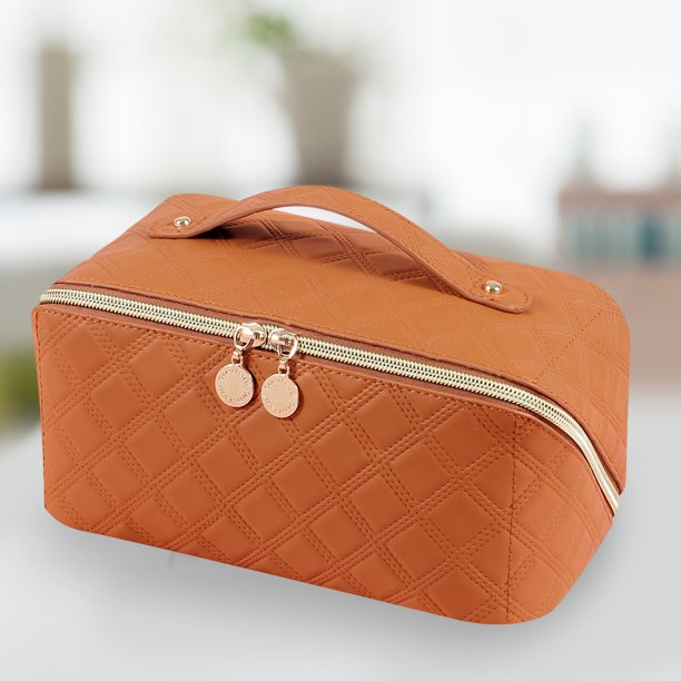 Bolsas de maquillaje de PU con bolsa de cosméticos de diamante con cremallera para viajes femeninos (marrón) Ygjytge Cuidado Belleza