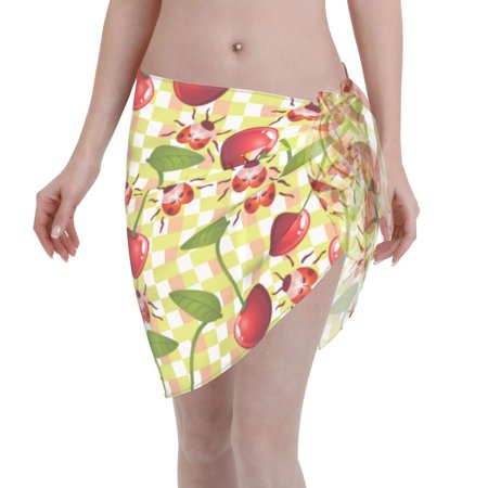 Coaee Cherries and Ladybirds Women s Short Sarongs Beach Wrap Sheer Bikini Wraps Chiffon Cover Ups for Beach  Swimming  Holiday