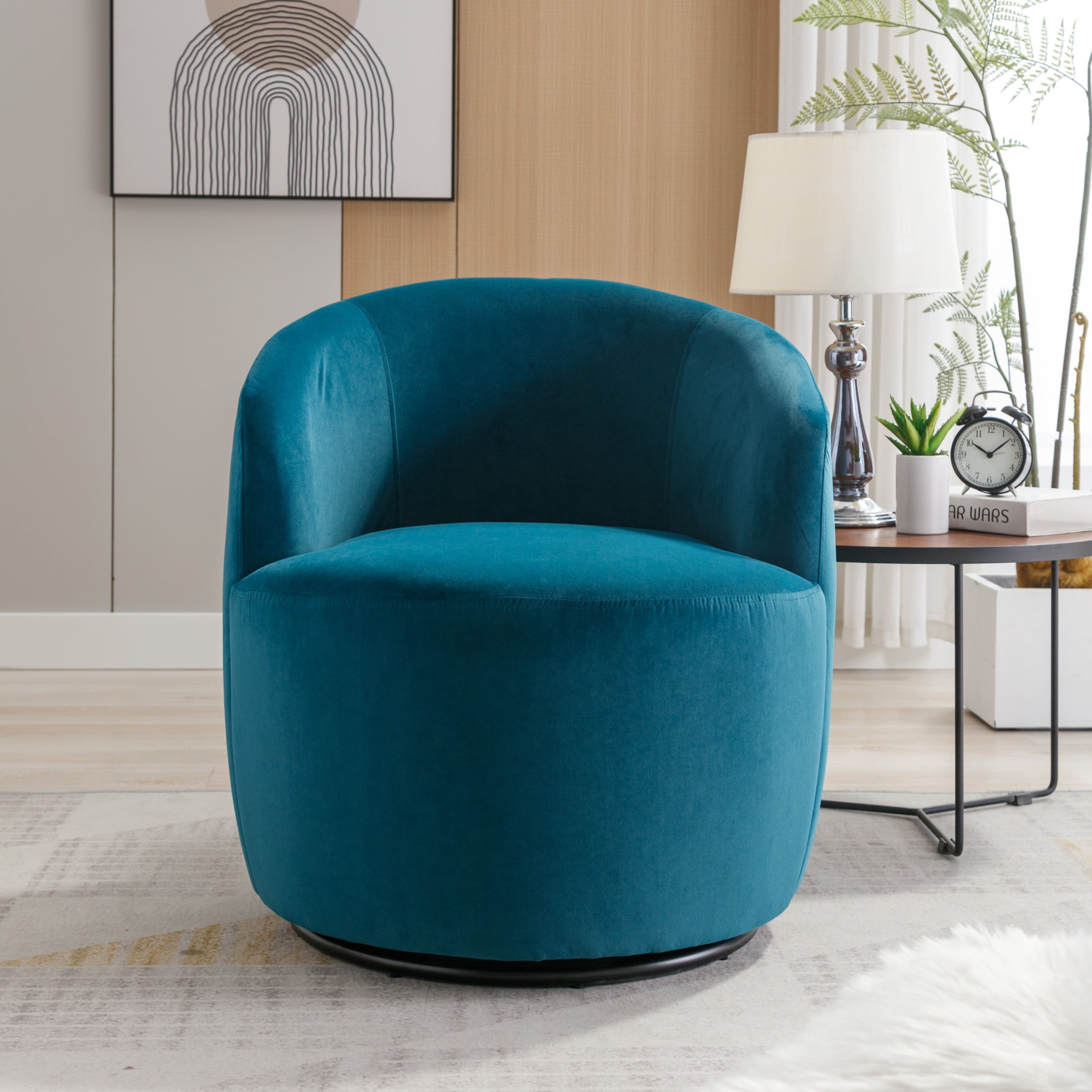 Noble House Arissa 26" Velvet Ergonomic Barrel Armchair, Swivel Reading Chair with Metal Base for Living Room, Teal