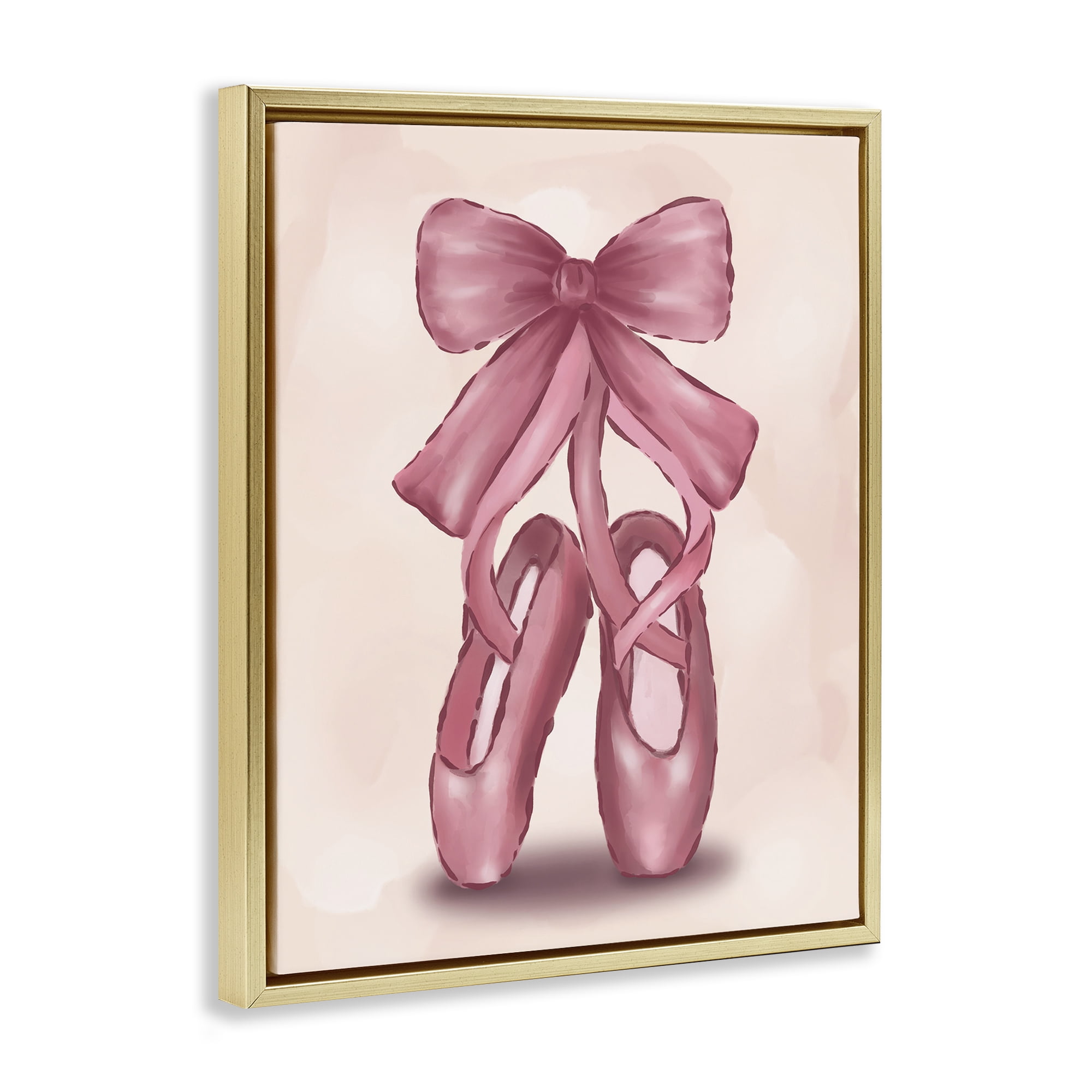 Stupell Industries Ballet Slippers Bow Entertainment Painting Gold Floater Framed Canvas Art Print Wall Art, 25 x 31