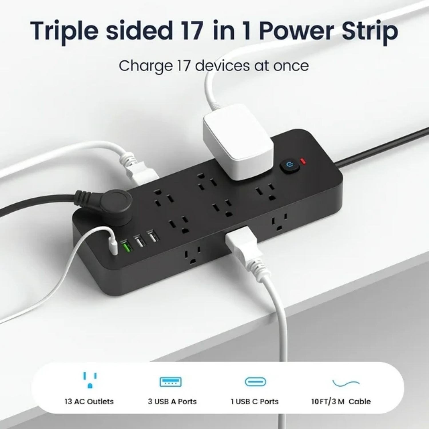 BEISHINK Surge Protector Extension Cable Power Board with Multiple Plug ins and USB Ports, Black