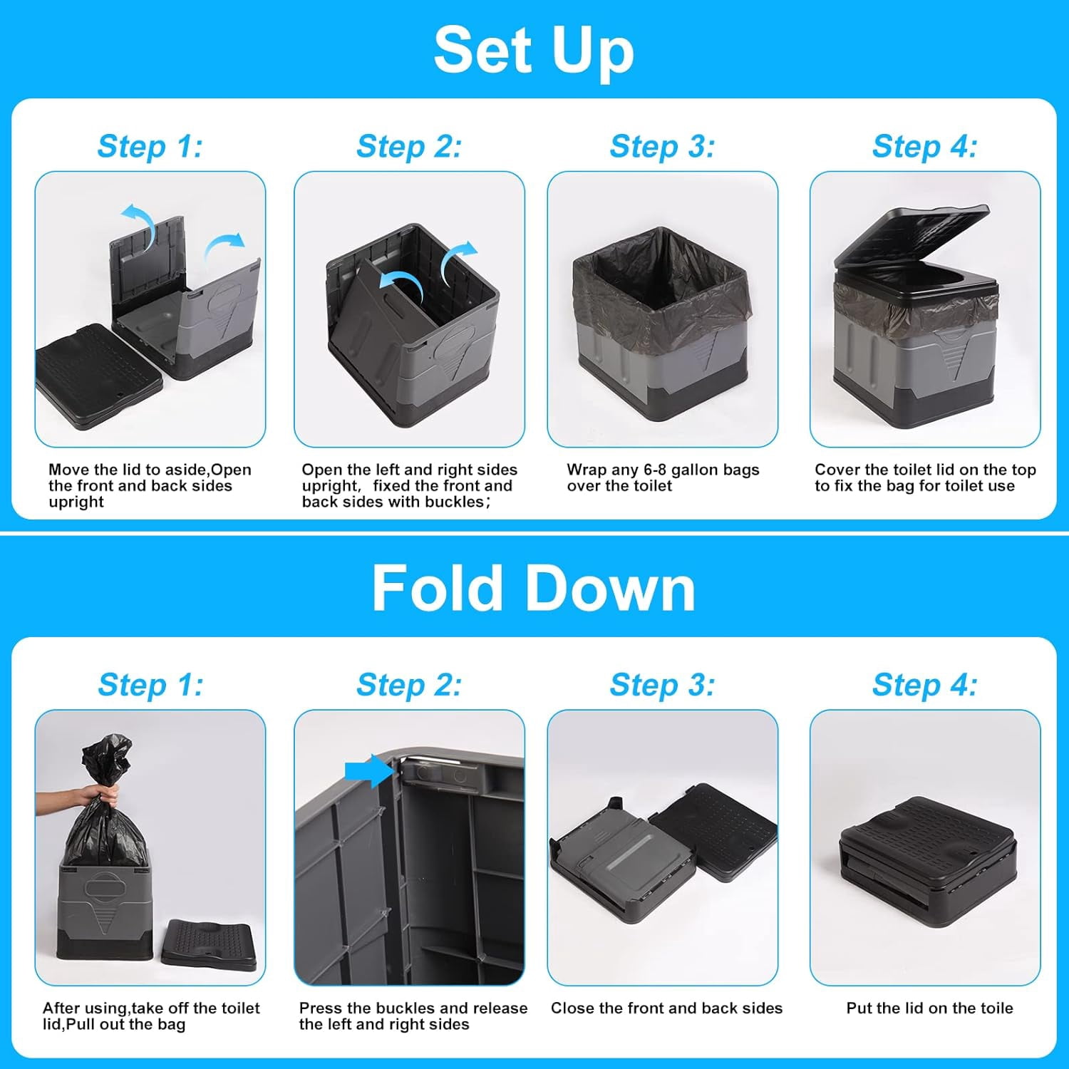 Beiled Outdoor Portable Foldable Toilet with Lid, Black Gray, 12.6 x 12.2 x 11 in, 1-Pack