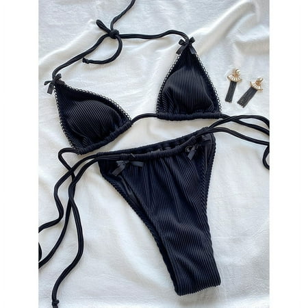 AnQingLueLv Ribbed Bikinis Black Color Swimsuit Women Bow Swimwear Sexy Beachwear Triangle Bikini Set Female Bathing Suit Beach Wear