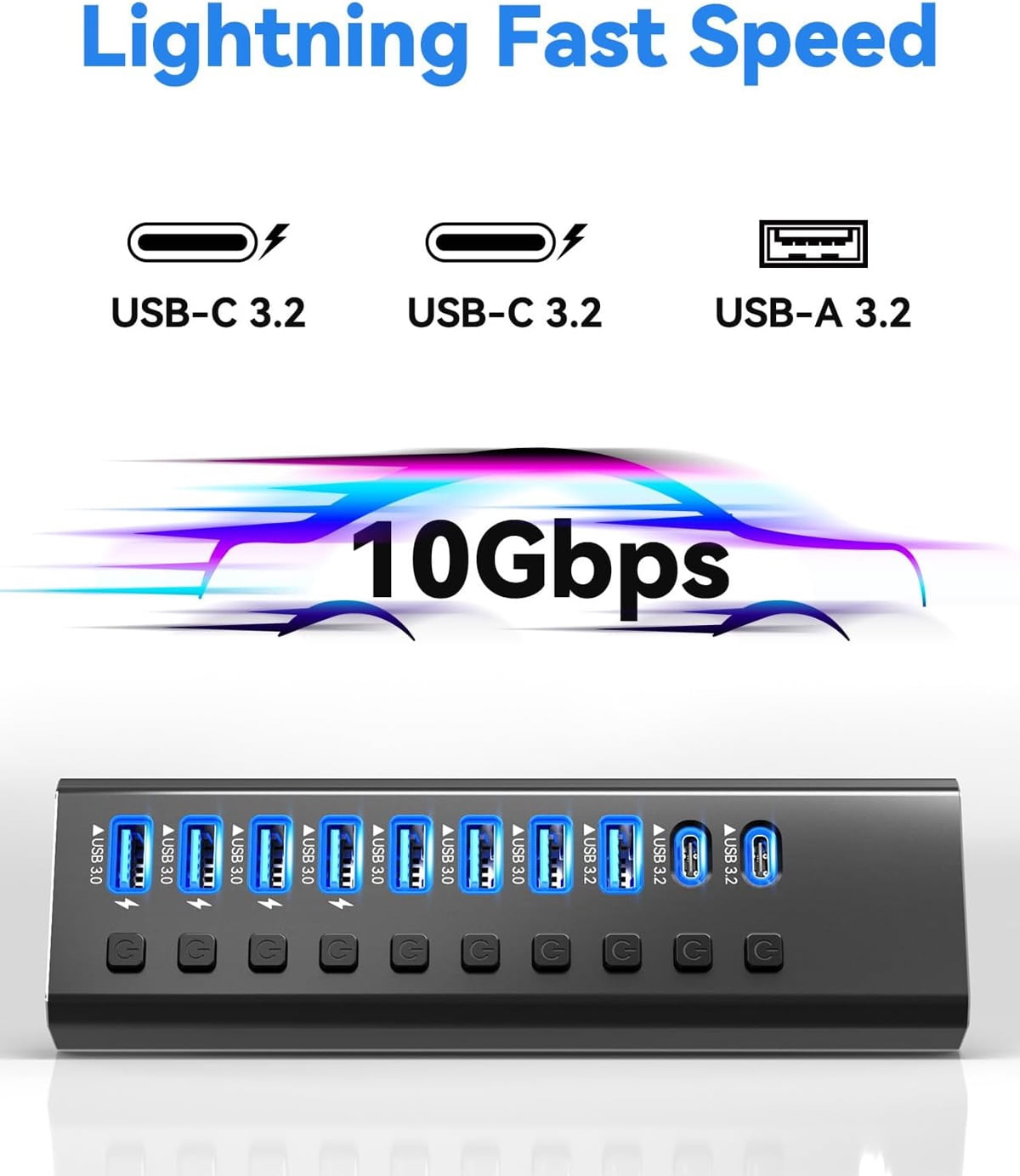 Powered USB Hub 3.2, AUBEAMTO 10-Port USB 3.2/USB C Hub (10Gbps USB-A 3.2 +2 USB-C 3.2 +7 USB 3.0 Ports) with Individual On/Off Switches and 12V Power Adapter, Aluminum USB Hub Powered for Laptop PC