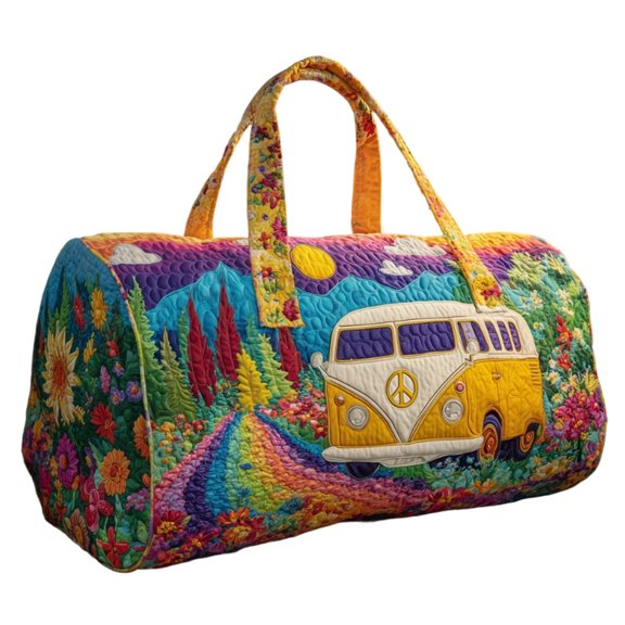 Retro Bus Embroidered Canvas Travel Bag, Large Capacity Quilted Duffel handbags for Unisex Gym, Sports, and Short-Term Travel