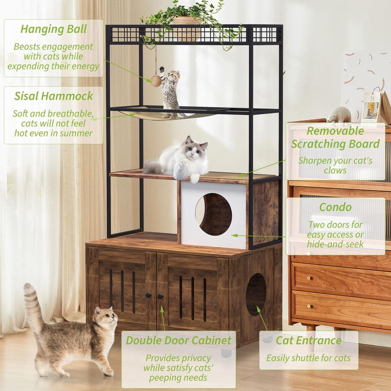TROPOW 60" Cat Litter Box Furniture Cabinet with Condo, Brown Cat House with Storage Shelf, Sisal Hammock, Hanging Play Ball and Reversible Entry Door, Hidden Litter Enclosure for Indoor Cats