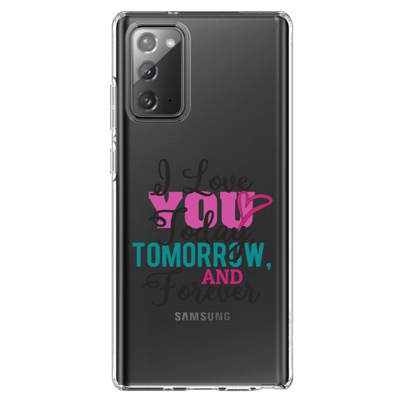 DistinctInk Clear Shockproof Hybrid Case for Samsung Galaxy Note 20 (6.7" Screen) - TPU Bumper Acrylic Back Tempered Glass Screen Protector - Love You Today Tomorrow & Forever