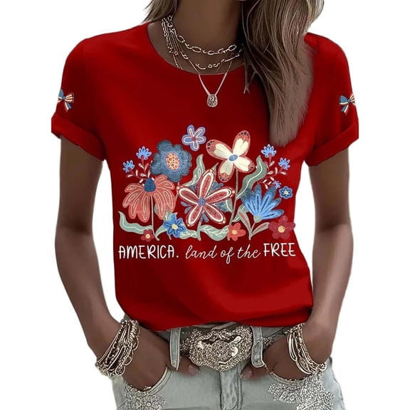 Levmjia Women Summer Casual Short Sleeve Anniversary T-Shirt Vintage American Flag Butterfly Floral Print Round Neck Patriotic Top Shirt