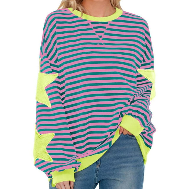 ZVAVZ Chandail en Molleton Rayé pour Femmes à Manches Longues Col Rond Automne Surdimensionné Décontracté Chandail Haut 2025 Y2K Tenues Preppy Violet TG