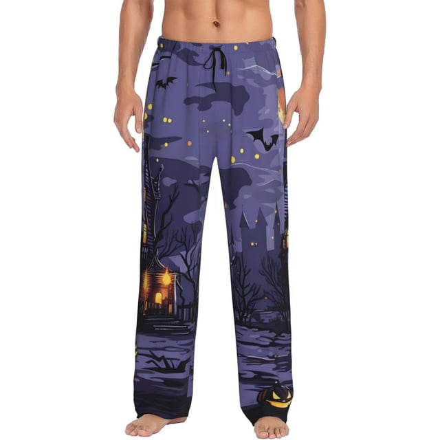 Fotbe Mystery House Halloween Night Pantalones de Pijama para Hombre, Pantalones de Dormir, Pantalones de Casa con Cintura Ajustable y Bolsillos-Medium