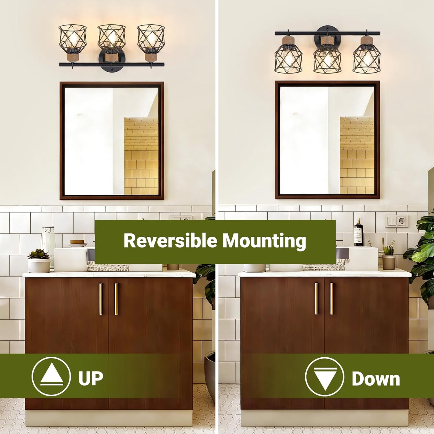 3-Light Farmhouse Bathroom Vanity Light Fixtures over Mirror Matte Black Bathroom Vanity Light Fixtures with Metal Cage Lampshade for Living Room Bedroom Hallway Cabinet