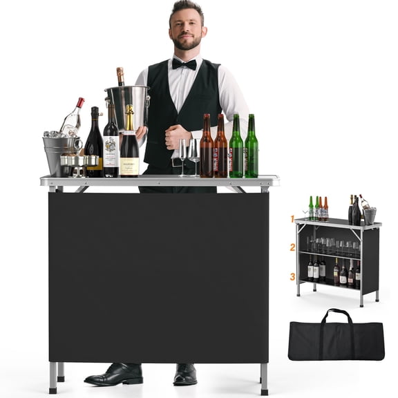 Mobile Bar Table with 3 Shelves, Portable Folding Bar Counter for Indoor Outdoor Events Parties Camping, Waterproof Oxford Cloth, 39"L x 34"H, Black