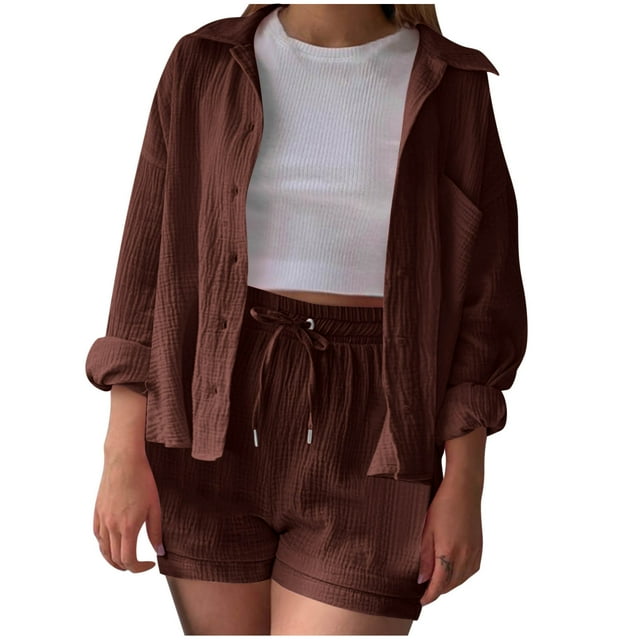AherBiu Summer Outfits for Women Long Sleeve Button down Shirts Drawstring Shorts Beach Vacation Lounge Set