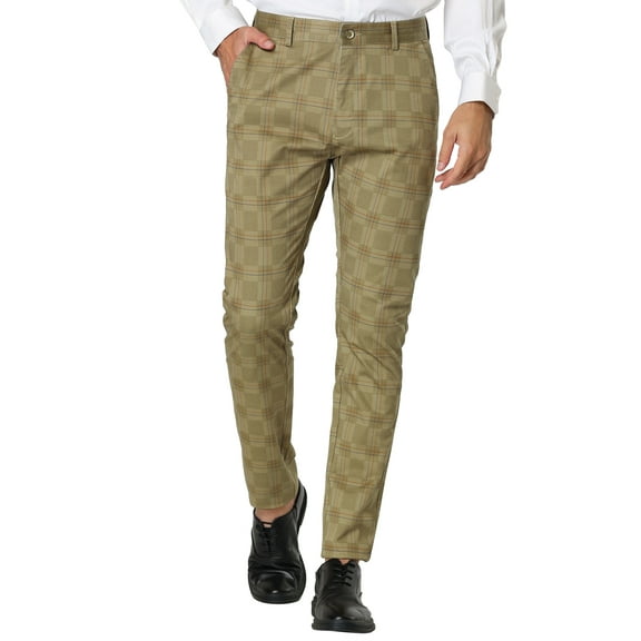MODA NOVA Big & Tall Men's Plaid Dress Pants Slim Fit Business Check Trousers Khaki LT(US 34)
