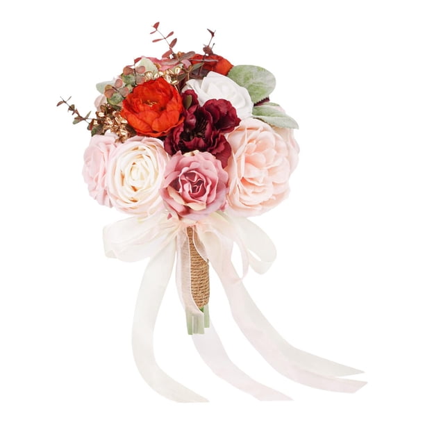 Ramo de novia para novia, ramo de novia con cintas, elegantes flores artificiales para centros de mesa de boda, fiesta, despedida de soltera Rosa rosa