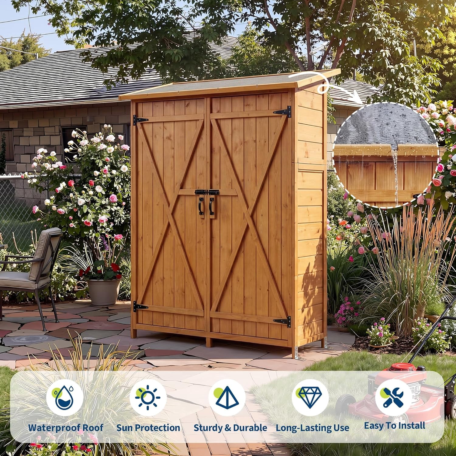 56" Outdoor Storage Shed, Large Wooden Garden Shed with Waterproof Asphalt Roof, Lockable Double Doors & 2 Removable Shelves,Wooden Tool Organizer for Backyard & Patio, Natural Fir Wood