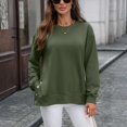 thumbnail image 5 of WTOBBY Women's Button Hem Slit Hoodie, Solid Color Casual Pullover, Long Sleeve Round Neck Top with Side Vent Design and Modern Street Style,Army Green L, 5 of 8
