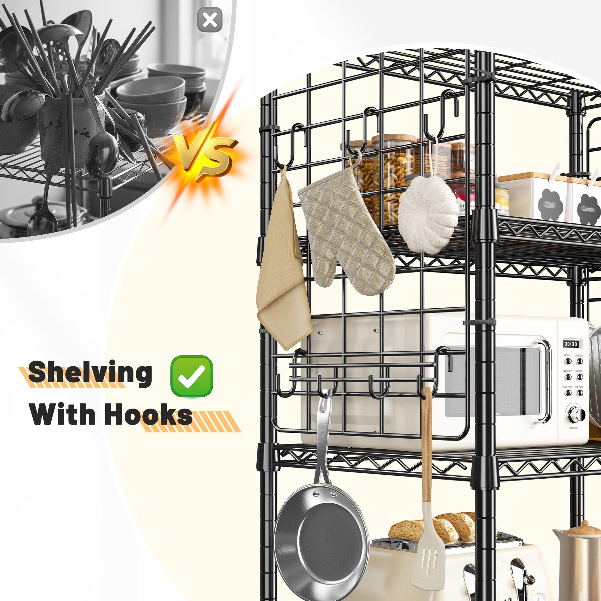 REIBII 5-Tier Metal Shelving Unit with Side Mesh & Hooks,Adjustable Wire Storage Rack,Narrow Pantry Shelf Organizer for Kitchen,Laundry,Garage,Bathroom,Black