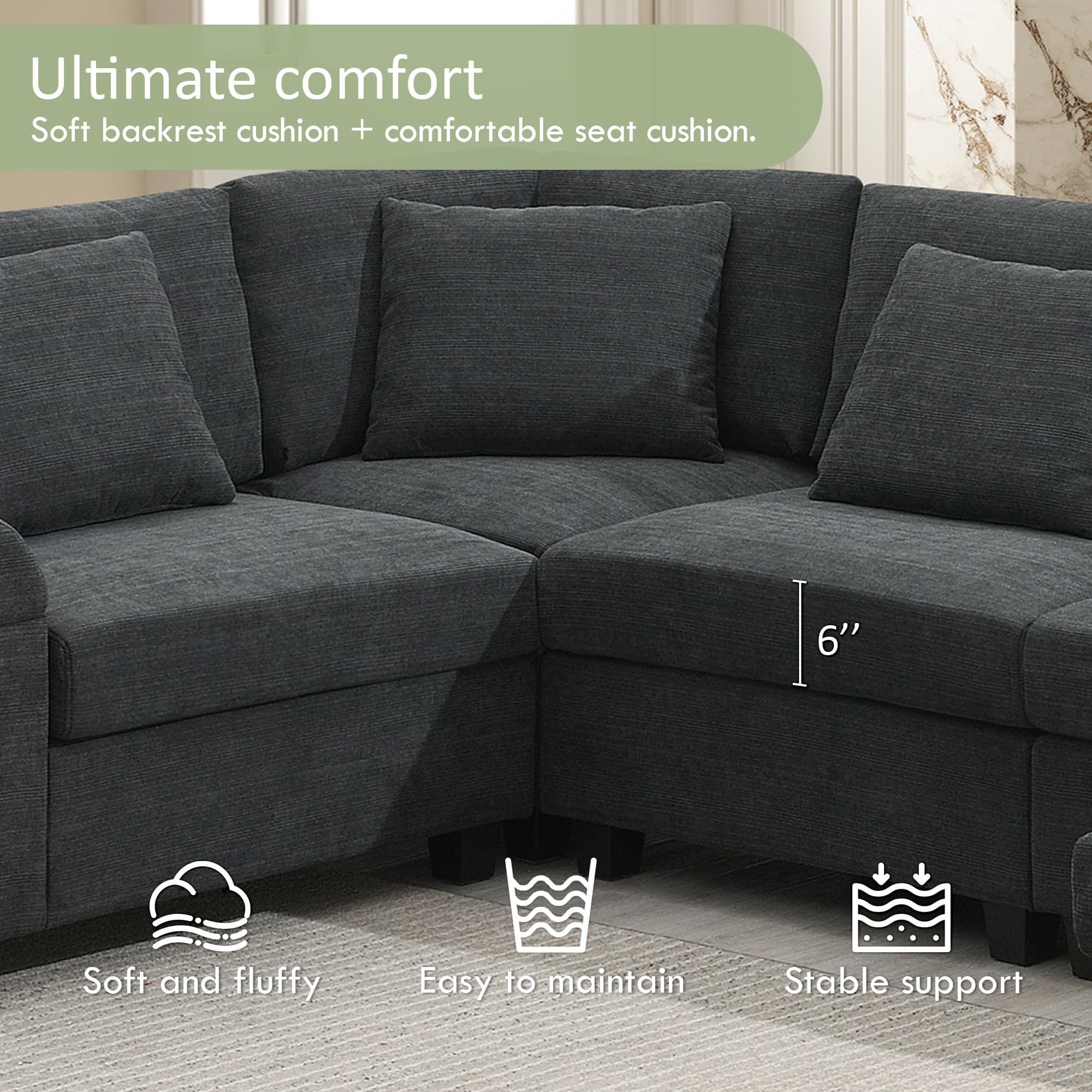 MAYEERTY 128x67" U-Shaped Sectional Sofa - 6-Seat Chenille Couch with Ottoman/Armrest Storage/Cup Holders/USB, Wide Seat for Living Room/Apartment, 2 Colors