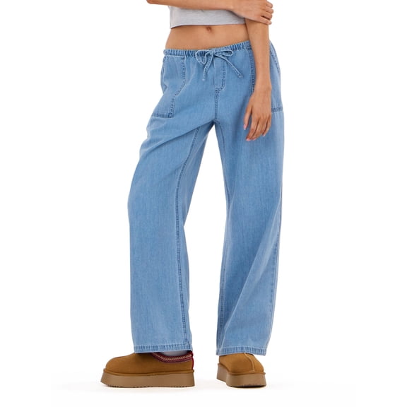 Forever 21 Women’s Wide Leg Lightweight Denim Pants with Adjustable Drawstring Waist, Side Pockets and Relaxed Casual Fit for Everyday Wear, XS-XL
