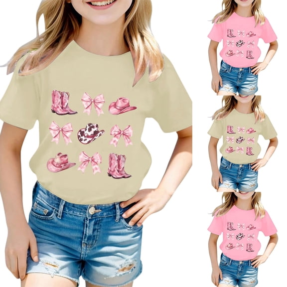 XINPING Girls Print T-Shirt Kids Short Sleeve Round Neck Tee Cute Western Boots Bow Graphic Top for Summer Casual Wear