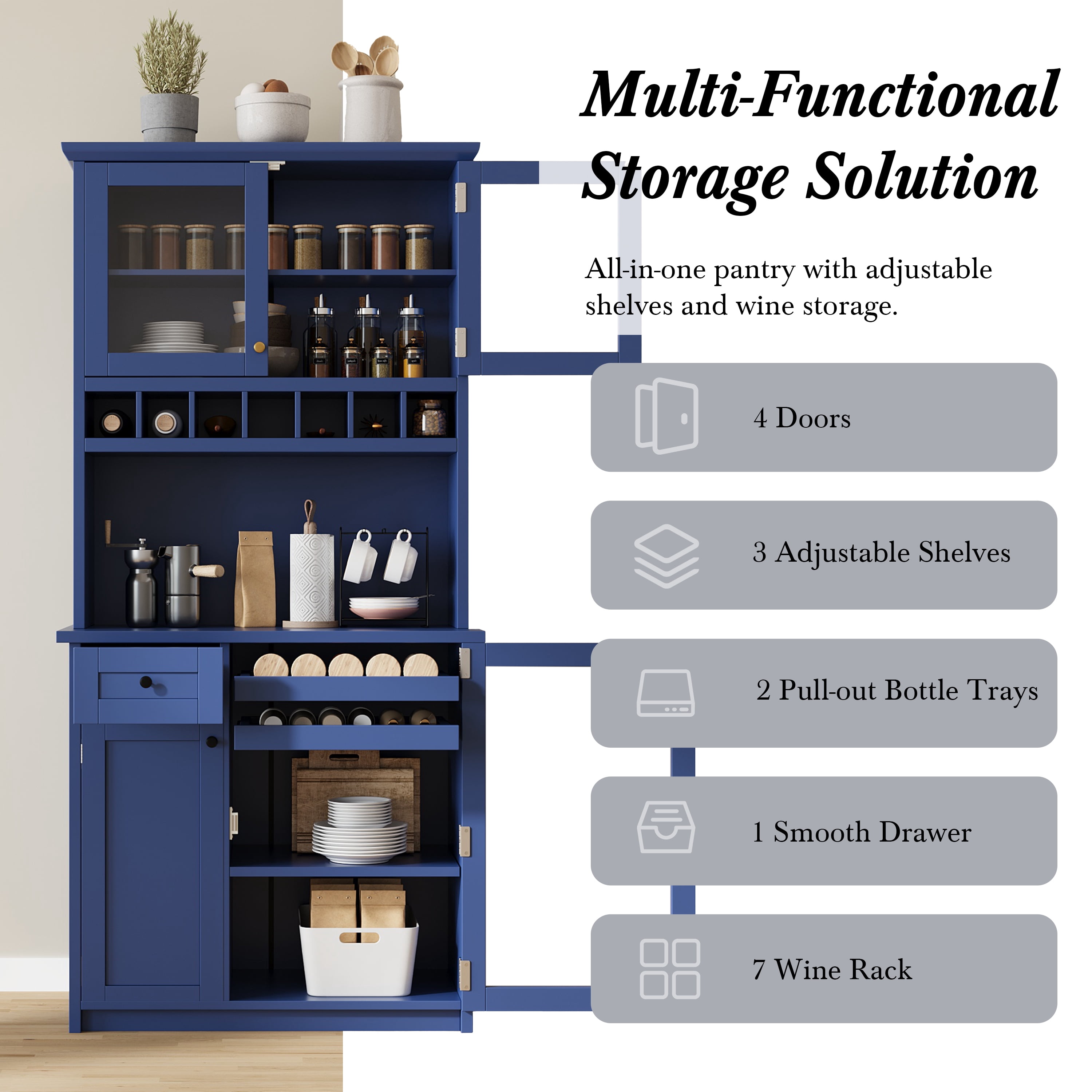 Leumius 75" Tall Kitchen Pantry Storage Cabinet,Farmhouse Wood Buffet Storage Cabinet with Wine Rack and Adjustable Shelves for Dining Room Living Room,Blue