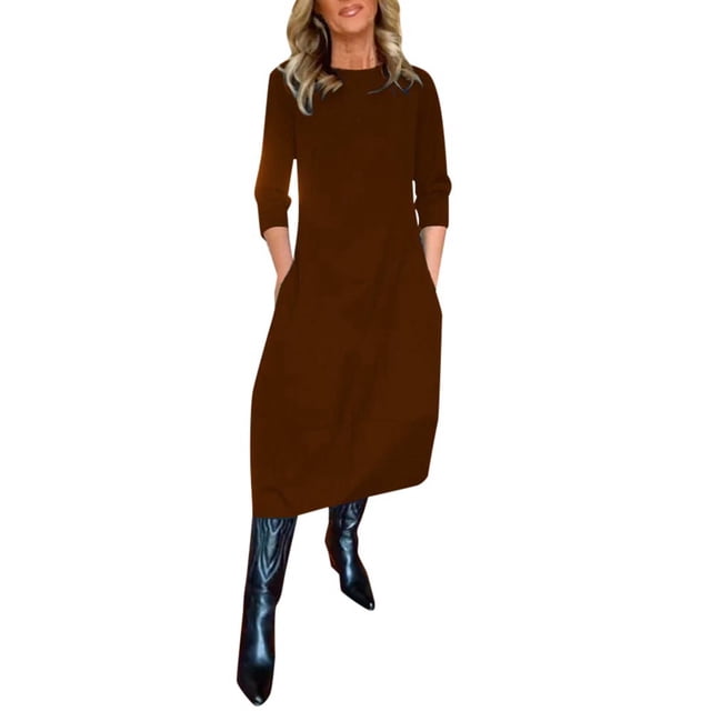 asddcavvf Robes pour Femmes Robe Décontractée Polyvalente Unie Col Rond Manches Longues