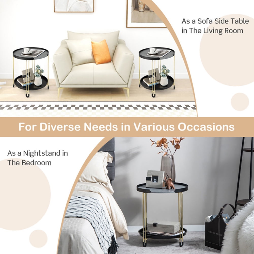 Finihen End Table, 2-Tier Round Side Table with Removable Tray and Metal Frame for Small Space, Sofa Side Table, Bed Side Table, for Living Room, Bedroom, Black