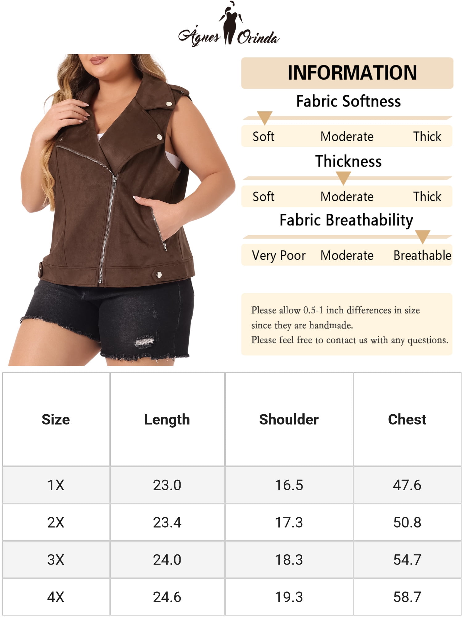 DARING DIVA Women's Plus Size Lapel Zipper Utility Motorcycle Suede Jacket Vest 3X Brown