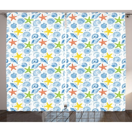 Oyster Shell Set (Nautical Decor Curtains 2 Panels Set, Marine Themed Starfish Mollusk Coral Reef Shells Oyster Underwater Design, Window Drapes for Living Room Bedroom, 108W X 90L Inches, Blue Yellow, by)