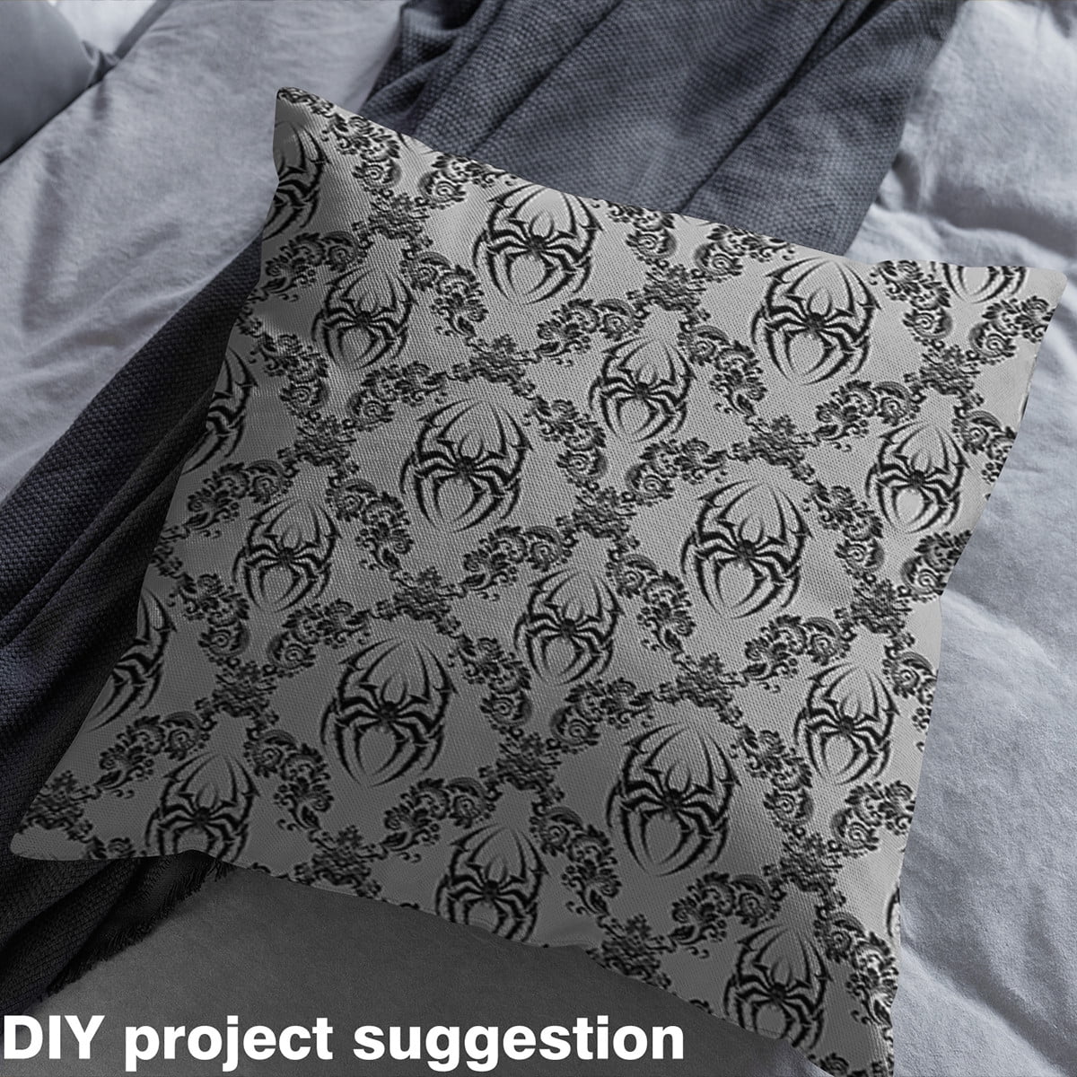 Feelyou Boys Damask Flower Fabric by the Yard 1 Yard, Black Grey Spider Home Decor Fabric by the Yard, Hippie Gothic Halloween Sewing Fabric, Breathable Home Decor