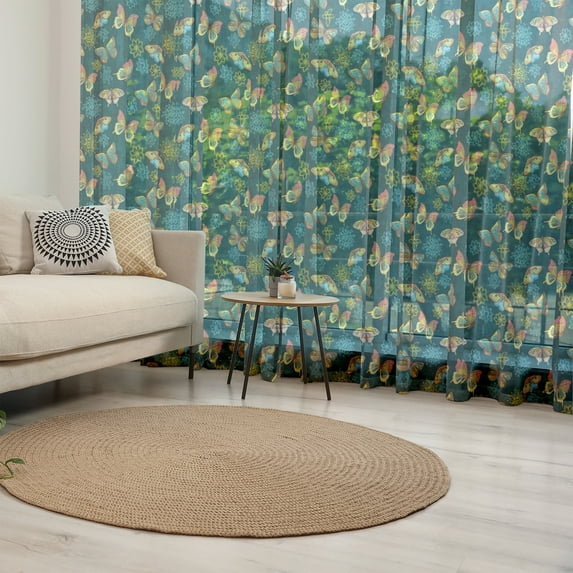 Flowers Tulle Curtains with Rod Pocket, Butterflies and Flowers Springtime Nature Inspired Print Illustration, Sheer Drape for Wedding Party 2 Panels, 7 Sizes, Yellow and Petrol Blue, by Ambesonne