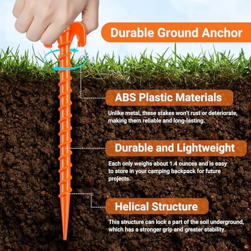 15 Pack Plastic Spiral Tent Stakes - 10 Inch Heavy Duty Screw-in Sand Anchors Pegs - Windproof Plastic Ground Anchor Stakes for Secure Tents, Inflatables, Canopies, Tarps, Garden Structures