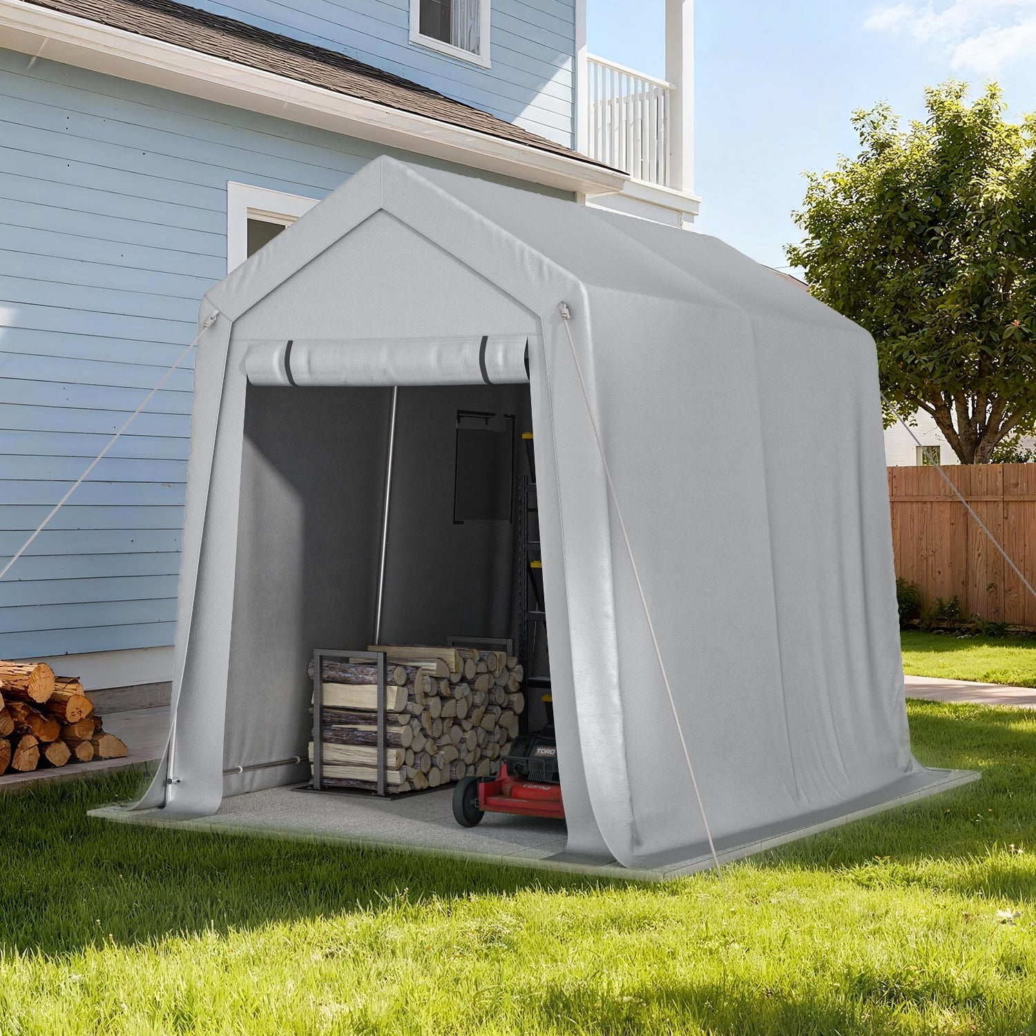 Clouddwell 6x8 FT Outdoor Portable Storage Shed Tent with Roll-Up Mesh Windows & Reinforced Frame, Motorcycle Storage Shed for Patio Furniture & Equipment Storage, Dark Gray
