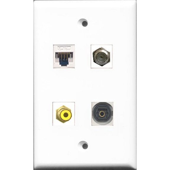 RiteAV - 1 Port RCA Yellow and 1 Port Coax Cable TV- F-Type and 1 Port Toslink and 1 Port Cat5e Ethernet White Wall Plate