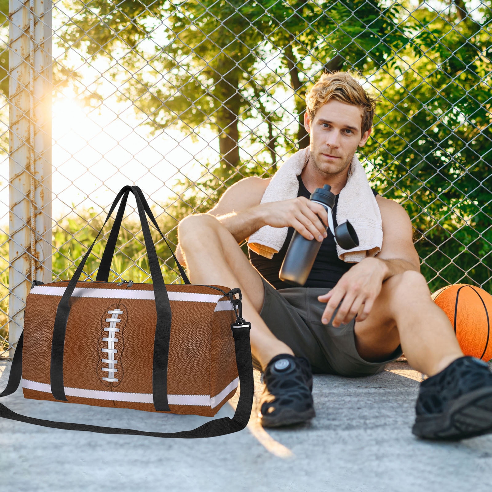 Large Capacity Travel Duffel Bag, Soccer Rugby Print Sports Bag, Nylon Spandex Water Resistant, Multi Pocket Storage For Weekend Getaways, Airport Travel, Easy Clean