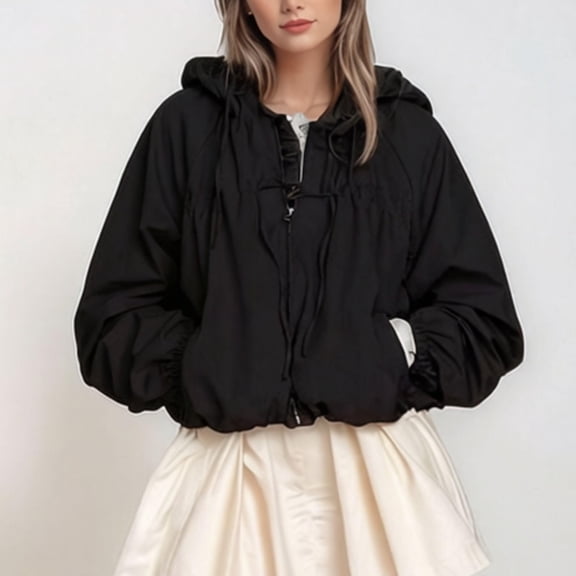 Women Windbreaker Jacket Lightweight Gathered Hooded Jacket Drawstring Hem Varsity Jacket with Pockets S