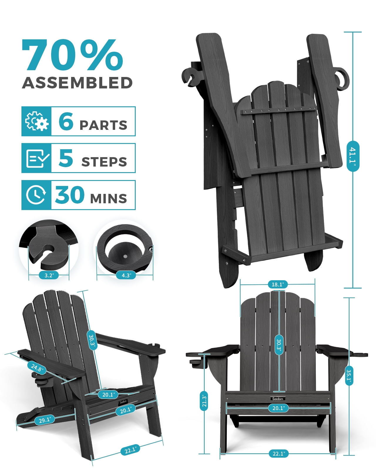 Folding Adirondack Chair, HDPE Patio Adirondack Chair with 2 Cup Holders, All-Weather Outdoor Chairs, Fire Pit Chairs for Patio, Garden, Poolside, Black