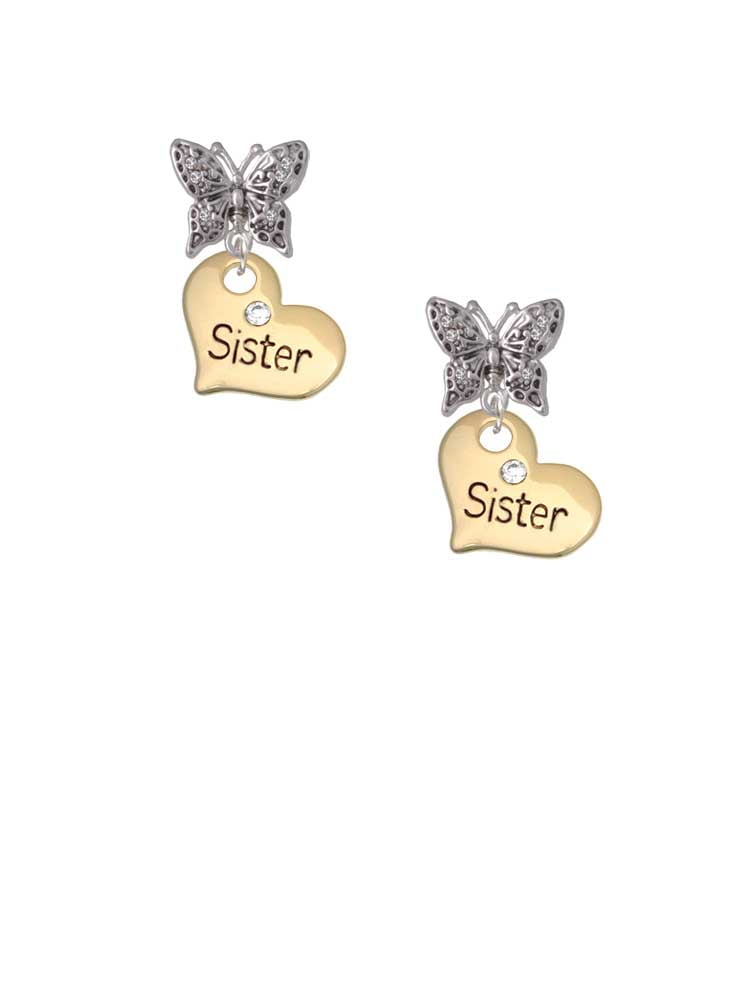 Delight Jewelry Goldtone Large Sister Heart with Clear Crystal - Silvertone Antiqued Butterfly Post Earrings