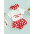 thumbnail image 3 of Bagilaanoe 4th of July Newborn Baby Girls Shorts Set Short Sleeve Letters Print Romper Tops Shorts Hairband 3PCS  Independence Day Outfits, 3 of 8