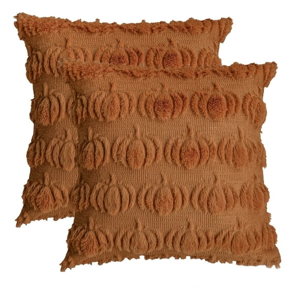 Sm:)e 18 x 18 Inch Fall Thanksgiving Pumpkin Throw Pillow Cover, Plush Silky Soft (2 Count) Jacquard Seasonal Faux Fur