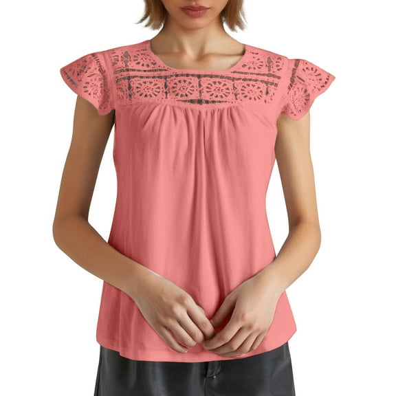 MIXUE Womens Summer Tops Summer Solid Color Fashion Round Neck Hollow Out Fly Sleeve Pullover T Shirts Sportwear,Beige,XXL