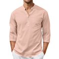 thumbnail image 2 of Awwp Men's Linen Cotton Shirt 3/4 Sleeve Stand Collar Casual Button down Shirts with Pocket Breathable Summer Shirts 8 Colors Available Vacation Beach Shirt Pink Size: M, 2 of 9