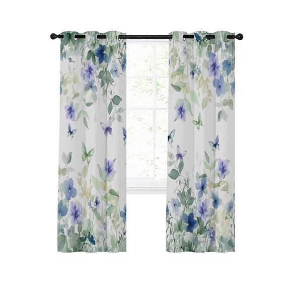 Leaf Butterfly Blackout Curtains 39 Inches Long for Bedroom, Watercolor Sage Green Purple Floral Thermal Insulated Room Darkening Black Out Window Curtain Panels Grommet Drapes for Living Room