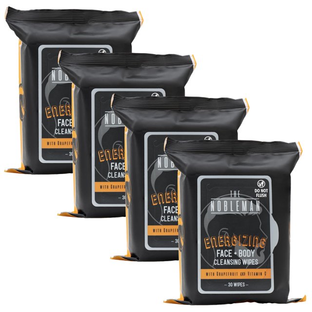 The Nobleman Paquete de 4 toallitas limpiadoras con infusión de aloe para rostro y cuerpo: 4 paquetes energizantes con manzanilla de pomelo y vitamina C (120 unidades)