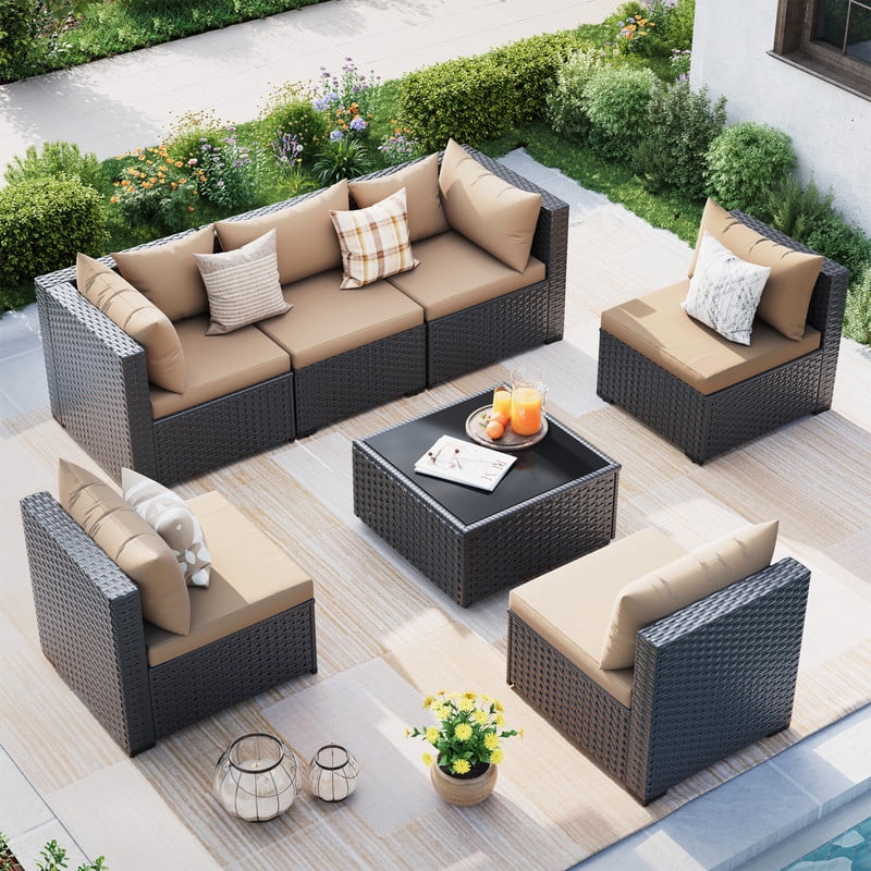 ELPOSUN 7 Pieces Patio Furniture Set, Outdoor Furniture Sectional Rattan Sofa with Patio Couch for Backyard Garden Khaki