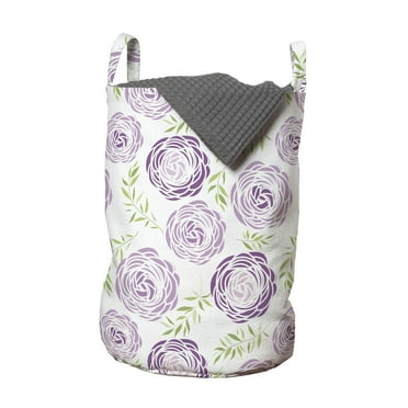Floral Laundry Bag, Top View of Garden Elements with Leaves, Hamper Basket with Handles Drawstring Closure for Laundromats, 13" x 19", Pale Mauve White, by Ambesonne