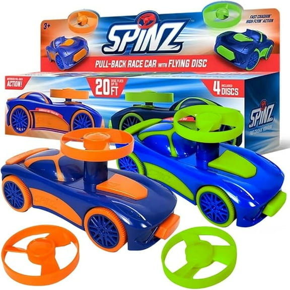 Spinz 2 Pack Race Cars with Flying Disc Launchers, Pull Back Bumper Toy Racer, Kids, Boys, Girls Gift, Blue/Red & Blue/Yellow, Ages 3 