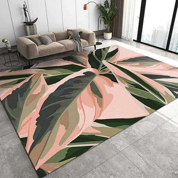 Luxury Nordic Banana Leaf Area Rug, Abstract Pink Green Tropical Plant Indoor Rugs, Soft Washable Breathable Durable Floor Carpet For Kids Bedroom Living Room Classroom Office Nursery